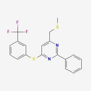 molecular formula C19H15F3N2S2 B2511174 4-((Methylsulfanyl)methyl)-2-phenyl-6-((3-(trifluoromethyl)phenyl)sulfanyl)pyrimidine CAS No. 477886-16-1
