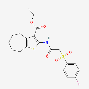 molecular formula C20H22FNO5S2 B2511180 ethyl 2-(2-((4-fluorophenyl)sulfonyl)acetamido)-5,6,7,8-tetrahydro-4H-cyclohepta[b]thiophene-3-carboxylate CAS No. 895476-22-9