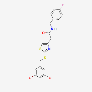 molecular formula C21H21FN2O3S2 B2511186 2-(2-((3,5-dimethoxybenzyl)thio)thiazol-4-yl)-N-(4-fluorobenzyl)acetamide CAS No. 941922-31-2