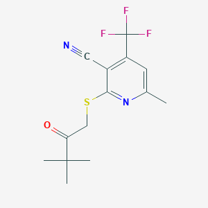 molecular formula C14H15F3N2OS B2511279 2-(3,3-二甲基-2-氧代丁基)硫代-6-甲基-4-(三氟甲基)吡啶-3-腈 CAS No. 625377-56-2