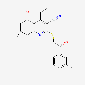 molecular formula C24H26N2O2S B2511284 2-[2-(3,4-Dimethylphenyl)-2-oxoethyl]sulfanyl-4-ethyl-7,7-dimethyl-5-oxo-6,8-dihydroquinoline-3-carbonitrile CAS No. 708998-69-0