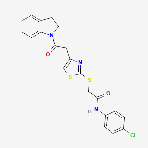molecular formula C21H18ClN3O2S2 B2511317 N-(4-chlorophenyl)-2-((4-(2-(indolin-1-yl)-2-oxoethyl)thiazol-2-yl)thio)acetamide CAS No. 953992-35-3