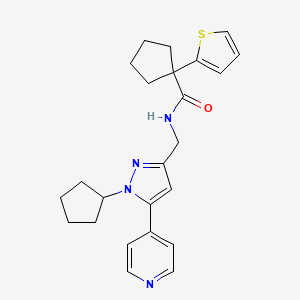 molecular formula C24H28N4OS B2511361 N-((1-cyclopentyl-5-(pyridin-4-yl)-1H-pyrazol-3-yl)methyl)-1-(thiophen-2-yl)cyclopentanecarboxamide CAS No. 1421494-57-6