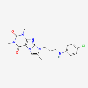 molecular formula C19H21ClN6O2 B2511450 8-(3-((4-chlorophenyl)amino)propyl)-1,3,7-trimethyl-1H-imidazo[2,1-f]purine-2,4(3H,8H)-dione CAS No. 923251-66-5