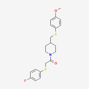 molecular formula C21H24FNO2S2 B2511468 2-((4-Fluorophenyl)thio)-1-(4-(((4-methoxyphenyl)thio)methyl)piperidin-1-yl)ethanone CAS No. 1421491-11-3