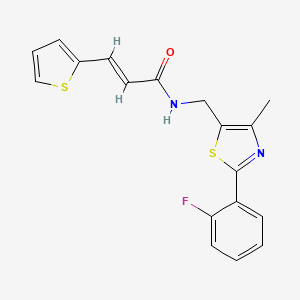 molecular formula C18H15FN2OS2 B2511536 (E)-N-((2-(2-氟苯基)-4-甲基噻唑-5-基)甲基)-3-(噻吩-2-基)丙烯酰胺 CAS No. 1798402-72-8
