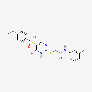 molecular formula C23H25N3O4S2 B2511654 N-(3,5-dimethylphenyl)-2-((5-((4-isopropylphenyl)sulfonyl)-6-oxo-1,6-dihydropyrimidin-2-yl)thio)acetamide CAS No. 866812-51-3