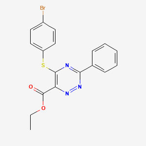 molecular formula C18H14BrN3O2S B2511665 Ethyl 5-[(4-bromophenyl)sulfanyl]-3-phenyl-1,2,4-triazine-6-carboxylate CAS No. 338957-11-2