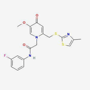 molecular formula C19H18FN3O3S2 B2511701 N-(3-fluorophenyl)-2-(5-methoxy-2-(((4-methylthiazol-2-yl)thio)methyl)-4-oxopyridin-1(4H)-yl)acetamide CAS No. 1005291-78-0