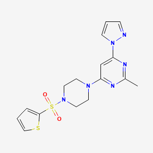 molecular formula C16H18N6O2S2 B2511738 2-methyl-4-(1H-pyrazol-1-yl)-6-(4-(thiophen-2-ylsulfonyl)piperazin-1-yl)pyrimidine CAS No. 1171361-03-7