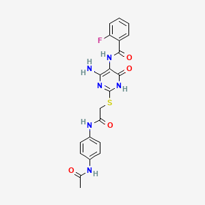molecular formula C21H19FN6O4S B2511791 N-[2-[2-(4-acetamidoanilino)-2-oxoethyl]sulfanyl-6-amino-4-oxo-1H-pyrimidin-5-yl]-2-fluorobenzamide CAS No. 888424-40-6