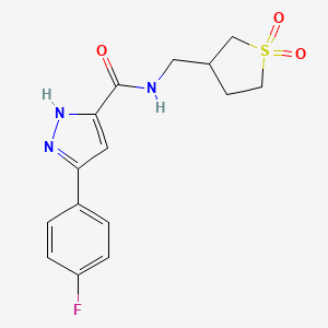 molecular formula C15H16FN3O3S B2511900 N-((1,1-二氧化四氢噻吩-3-基)甲基)-3-(4-氟苯基)-1H-吡唑-5-甲酰胺 CAS No. 1292906-97-8