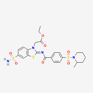 molecular formula C24H28N4O7S3 B2511904 (Z)-ethyl 2-(2-((4-((2-methylpiperidin-1-yl)sulfonyl)benzoyl)imino)-6-sulfamoylbenzo[d]thiazol-3(2H)-yl)acetate CAS No. 865248-08-4
