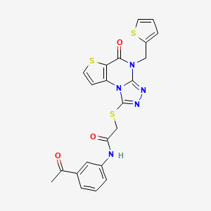 molecular formula C22H17N5O3S3 B2511943 N-(3-acetylphenyl)-2-((5-oxo-4-(thiophen-2-ylmethyl)-4,5-dihydrothieno[2,3-e][1,2,4]triazolo[4,3-a]pyrimidin-1-yl)thio)acetamide CAS No. 1223951-68-5