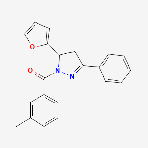 molecular formula C21H18N2O2 B2512008 5-(furan-2-yl)-1-(3-methylbenzoyl)-3-phenyl-4,5-dihydro-1H-pyrazole CAS No. 865615-96-9