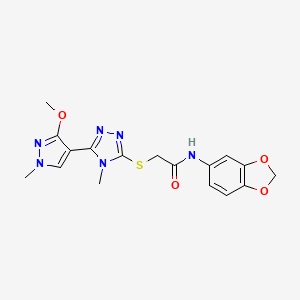 molecular formula C17H18N6O4S B2512039 N-(苯并[d][1,3]二氧杂环-5-基)-2-((5-(3-甲氧基-1-甲基-1H-吡唑-4-基)-4-甲基-4H-1,2,4-三唑-3-基)硫代)乙酰胺 CAS No. 1014053-05-4