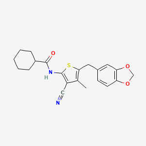 molecular formula C21H22N2O3S B2512054 N-(5-(benzo[d][1,3]dioxol-5-ylmethyl)-3-cyano-4-methylthiophen-2-yl)cyclohexanecarboxamide CAS No. 476367-92-7