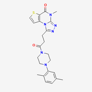 molecular formula C23H26N6O2S B2512075 1-(3-(4-(2,5-dimethylphenyl)piperazin-1-yl)-3-oxopropyl)-4-methylthieno[2,3-e][1,2,4]triazolo[4,3-a]pyrimidin-5(4H)-one CAS No. 1217000-58-2