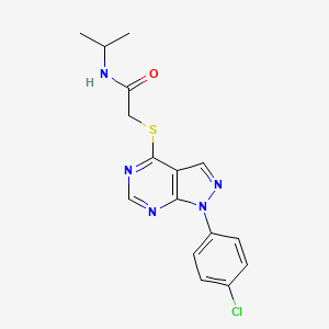 molecular formula C16H16ClN5OS B2512212 2-[1-(4-氯苯基)吡唑并[3,4-d]嘧啶-4-基]硫代基-N-丙-2-酰胺 CAS No. 893915-78-1