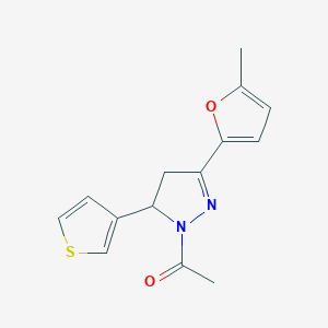molecular formula C14H14N2O2S B2512283 1-(3-(5-甲基呋喃-2-基)-5-(噻吩-3-基)-4,5-二氢-1H-吡唑-1-基)乙酮 CAS No. 1423528-42-0