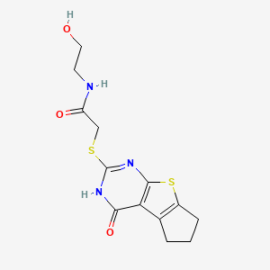 molecular formula C13H15N3O3S2 B2512291 2-[(4-hydroxy-6,7-dihydro-5H-cyclopenta[4,5]thieno[2,3-d]pyrimidin-2-yl)sulfanyl]-N-(2-hydroxyethyl)acetamide CAS No. 459421-09-1
