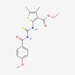 molecular formula C18H20N2O4S2 B2512444 Ethyl 2-({[(4-methoxyphenyl)carbonyl]carbamothioyl}amino)-4,5-dimethylthiophene-3-carboxylate CAS No. 268733-37-5