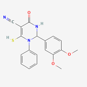 molecular formula C19H17N3O3S B2512572 2-(3,4-Dimethoxyphenyl)-4-oxo-1-phenyl-6-sulfanyl-1,2,3,4-tetrahydropyrimidine-5-carbonitrile CAS No. 499208-90-1