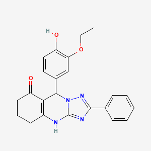 molecular formula C23H22N4O3 B2512582 9-(3-ethoxy-4-hydroxyphenyl)-2-phenyl-5,6,7,9-tetrahydro-[1,2,4]triazolo[5,1-b]quinazolin-8(4H)-one CAS No. 534589-27-0