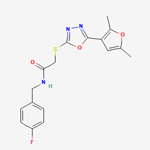 molecular formula C17H16FN3O3S B2512605 2-((5-(2,5-二甲基呋喃-3-基)-1,3,4-恶二唑-2-基)硫代)-N-(4-氟苄基)乙酰胺 CAS No. 1021133-51-6