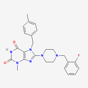 molecular formula C25H27FN6O2 B2512620 8-(4-(2-fluorobenzyl)piperazin-1-yl)-3-methyl-7-(4-methylbenzyl)-1H-purine-2,6(3H,7H)-dione CAS No. 886908-42-5