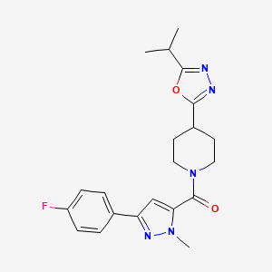 molecular formula C21H24FN5O2 B2512756 (3-(4-fluorophenyl)-1-methyl-1H-pyrazol-5-yl)(4-(5-isopropyl-1,3,4-oxadiazol-2-yl)piperidin-1-yl)methanone CAS No. 1208509-30-1