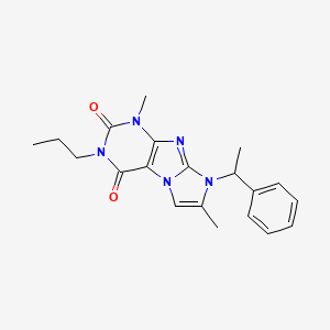 molecular formula C20H23N5O2 B2512757 1,7-dimethyl-8-(1-phenylethyl)-3-propyl-1H-imidazo[2,1-f]purine-2,4(3H,8H)-dione CAS No. 915927-89-8