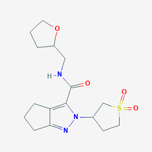 molecular formula C16H23N3O4S B2512765 2-(1,1-dioxidotetrahydrothiophen-3-yl)-N-((tetrahydrofuran-2-yl)methyl)-2,4,5,6-tetrahydrocyclopenta[c]pyrazole-3-carboxamide CAS No. 1040666-64-5