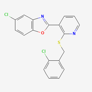 molecular formula C19H12Cl2N2OS B2512822 5-Chloro-2-{2-[(2-chlorobenzyl)sulfanyl]-3-pyridinyl}-1,3-benzoxazole CAS No. 400085-45-2