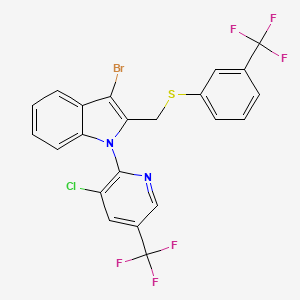 molecular formula C22H12BrClF6N2S B2512889 3-bromo-1-[3-chloro-5-(trifluoromethyl)-2-pyridinyl]-2-({[3-(trifluoromethyl)phenyl]sulfanyl}methyl)-1H-indole CAS No. 303152-86-5
