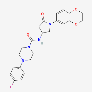molecular formula C23H25FN4O4 B2512896 N-(1-(2,3-二氢苯并[b][1,4]二氧杂环-6-基)-5-氧代吡咯烷-3-基)-4-(4-氟苯基)哌嗪-1-甲酰胺 CAS No. 894035-80-4