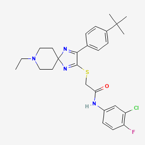 molecular formula C27H32ClFN4OS B2512921 2-((3-(4-(tert-butyl)phenyl)-8-ethyl-1,4,8-triazaspiro[4.5]deca-1,3-dien-2-yl)thio)-N-(3-chloro-4-fluorophenyl)acetamide CAS No. 1215719-41-7