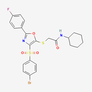 molecular formula C23H22BrFN2O4S2 B2512936 2-((4-((4-溴苯基)磺酰基)-2-(4-氟苯基)恶唑-5-基)硫)-N-环己基乙酰胺 CAS No. 850927-46-7
