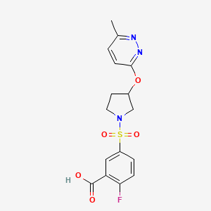 molecular formula C16H16FN3O5S B2513040 2-Fluoro-5-((3-((6-methylpyridazin-3-yl)oxy)pyrrolidin-1-yl)sulfonyl)benzoic acid CAS No. 2034502-30-0