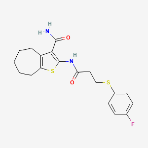 molecular formula C19H21FN2O2S2 B2513041 2-[3-(4-氟苯基)硫代丙酰氨基]-5,6,7,8-四氢-4H-环庚并[b]噻吩-3-甲酰胺 CAS No. 896354-95-3