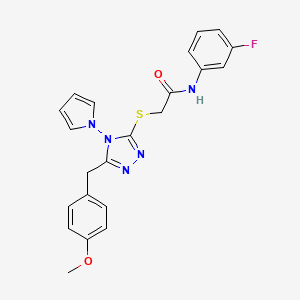 molecular formula C22H20FN5O2S B2513055 N-(3-fluorophenyl)-2-((5-(4-methoxybenzyl)-4-(1H-pyrrol-1-yl)-4H-1,2,4-triazol-3-yl)thio)acetamide CAS No. 896305-58-1