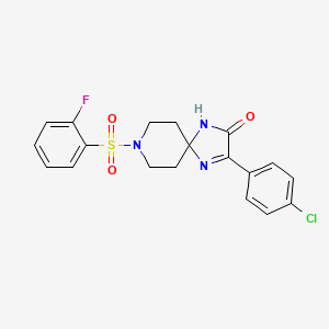 molecular formula C19H17ClFN3O3S B2513104 3-(4-Chlorophenyl)-8-((2-fluorophenyl)sulfonyl)-1,4,8-triazaspiro[4.5]dec-3-en-2-one CAS No. 1185042-59-4