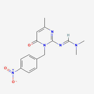 molecular formula C15H17N5O3 B2513202 (E)-N,N-dimethyl-N'-{4-methyl-1-[(4-nitrophenyl)methyl]-6-oxo-1,6-dihydropyrimidin-2-yl}methanimidamide CAS No. 339279-28-6