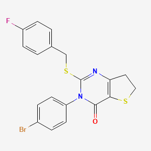molecular formula C19H14BrFN2OS2 B2513232 3-(4-Bromophenyl)-2-[(4-fluorophenyl)methylsulfanyl]-6,7-dihydrothieno[3,2-d]pyrimidin-4-one CAS No. 850915-93-4