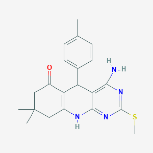 molecular formula C21H24N4OS B2513250 4-Amino-8,8-dimethyl-5-(4-methylphenyl)-2-methylsulfanyl-5,7,9,10-tetrahydropyrimido[4,5-b]quinolin-6-one CAS No. 618400-90-1