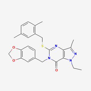 molecular formula C25H26N4O3S B2513251 6-(benzo[d][1,3]dioxol-5-ylmethyl)-5-((2,5-dimethylbenzyl)thio)-1-ethyl-3-methyl-1H-pyrazolo[4,3-d]pyrimidin-7(6H)-one CAS No. 1358765-91-9