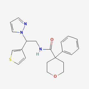 molecular formula C21H23N3O2S B2513285 N-(2-(1H-pyrazol-1-yl)-2-(thiophen-3-yl)ethyl)-4-phenyltetrahydro-2H-pyran-4-carboxamide CAS No. 2034568-93-7