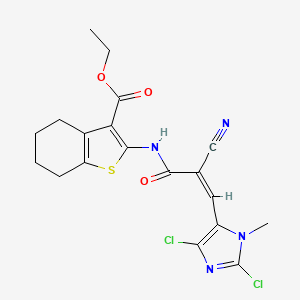 molecular formula C19H18Cl2N4O3S B2513330 ethyl 2-[[(Z)-2-cyano-3-(2,5-dichloro-3-methylimidazol-4-yl)prop-2-enoyl]amino]-4,5,6,7-tetrahydro-1-benzothiophene-3-carboxylate CAS No. 1252564-56-9
