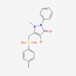 molecular formula C18H17BrN2O3S B2513352 4-Bromo-2-methyl-3-(((4-methylphenyl)sulfonyl)methyl)-1-phenyl-3-pyrazolin-5-one CAS No. 1023502-23-9