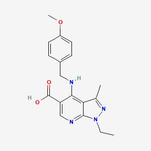 molecular formula C18H20N4O3 B2513353 1-乙基-4-[(4-甲氧基苄基)氨基]-3-甲基-1H-吡唑并[3,4-b]吡啶-5-羧酸 CAS No. 860785-53-1